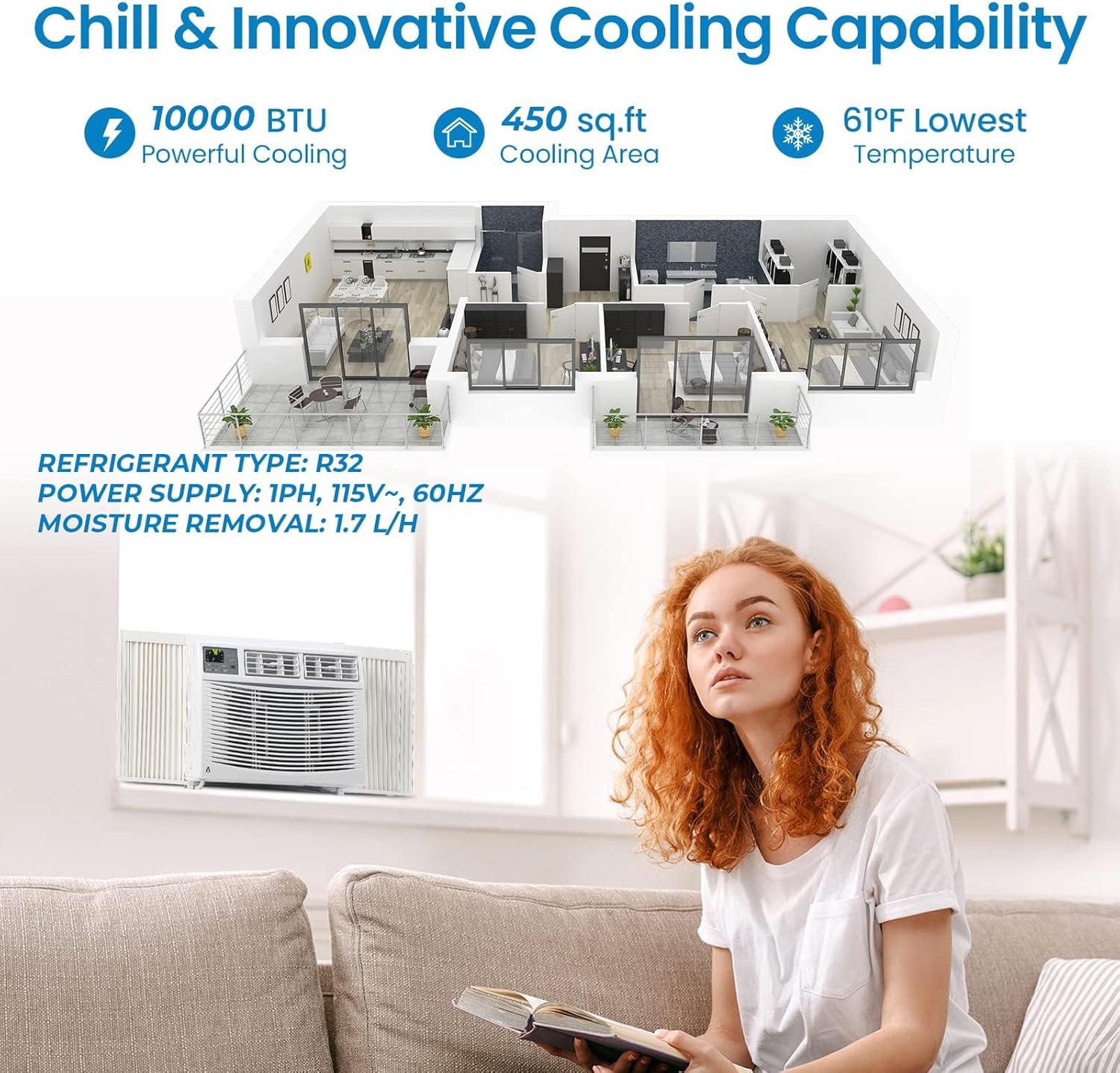 10000 BTU Window Air Conditioner Cooling Fan Remote Control Timer 450 sq.ft US