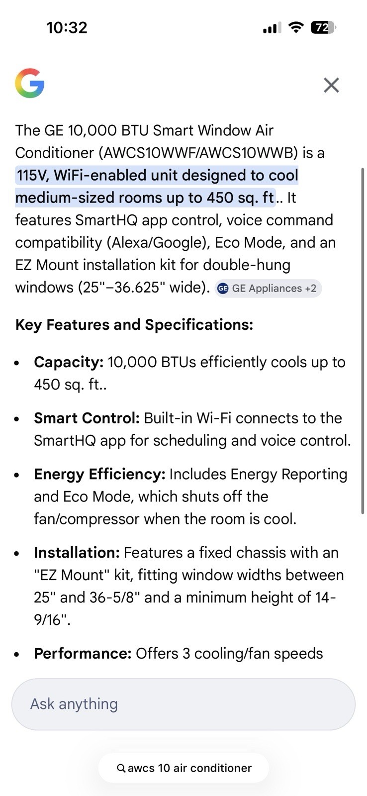 GE Profile 10,000 BTU Smart Ultra Quiet 450 Sq. ft. Window Air Conditioner