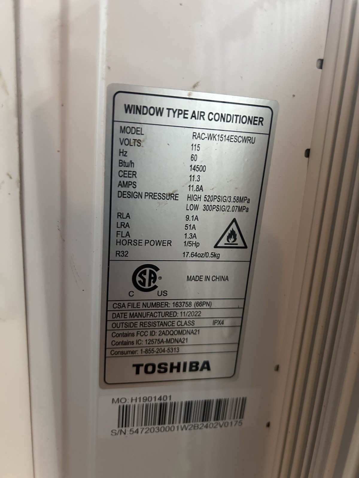 Toshiba 115 Volt Touch Control Window Room Air Conditioner 15,000 BTU