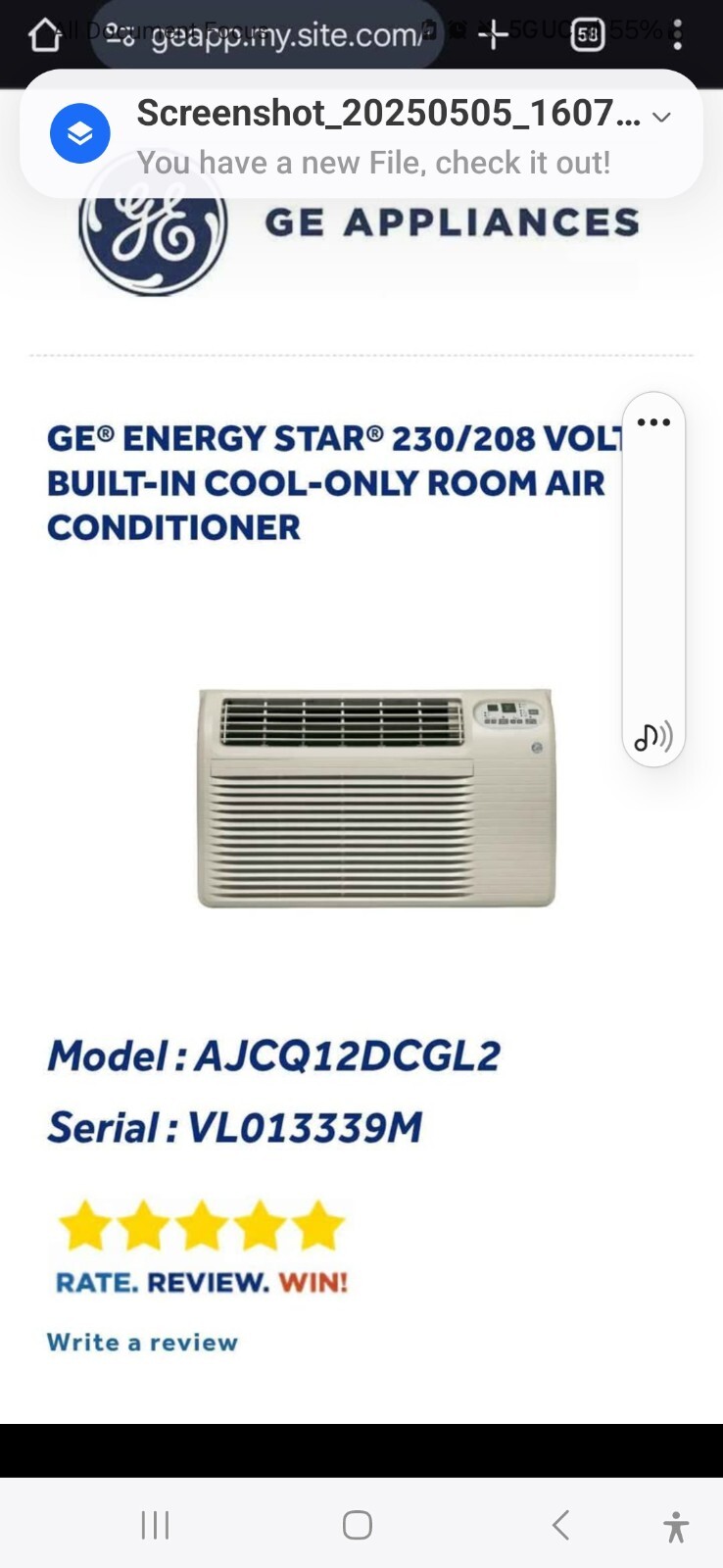 GE energy star 230/208 volt air conditioner 12,000 BTU’s model AJCQ12DCGL2