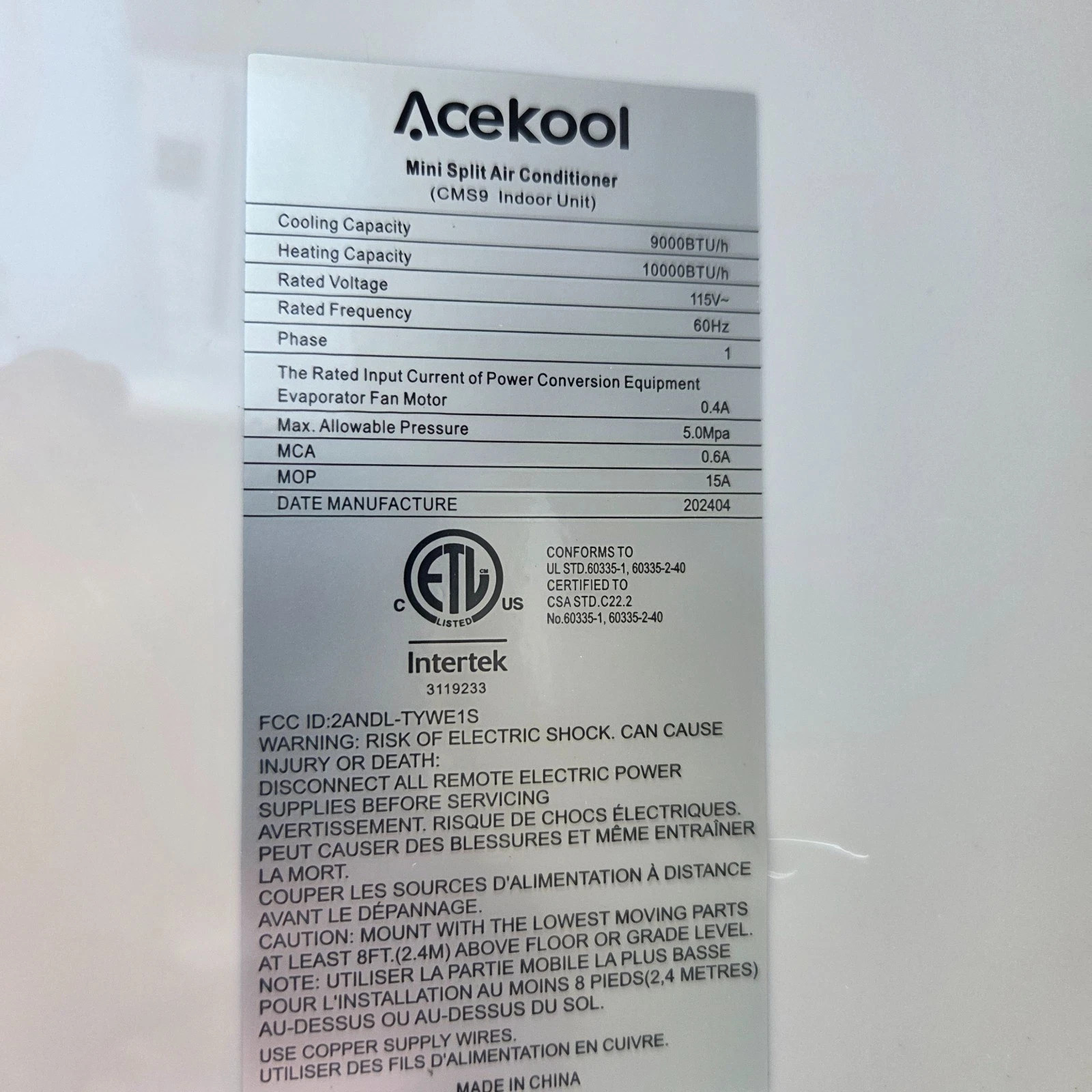 Acekool CMS9 Indoor 9000 BTU Mini Split WiFi Smart Air Conditioner 115V