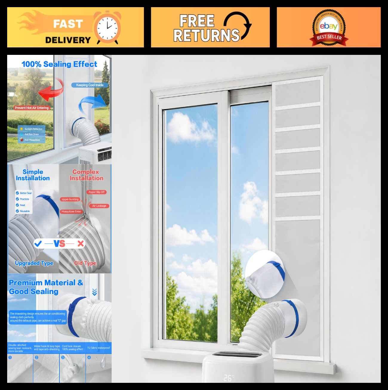Portable Air Conditioner Window Vent Kit, Adjustable Seal for 5″/6″ Hoses, Water