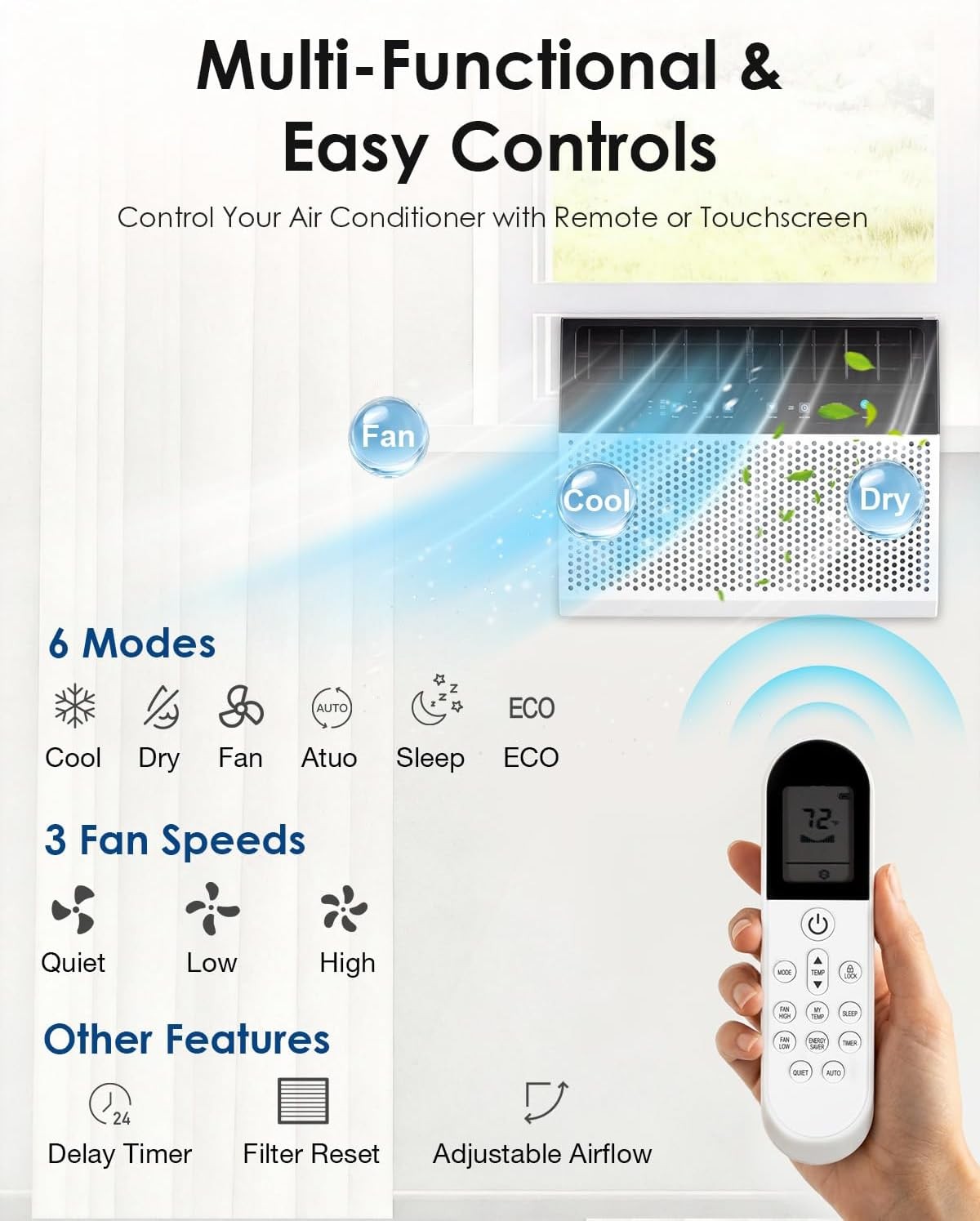 Ultra Quiet 38dB U-Shaped Window Air Conditioner 10000BTU for 250 Sq.Ft Remote