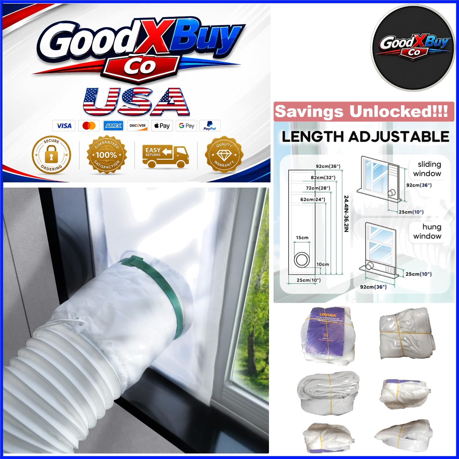 Adjustable Portable AC Window Seal Kit 10×24-36 Inch Waterproof Vent