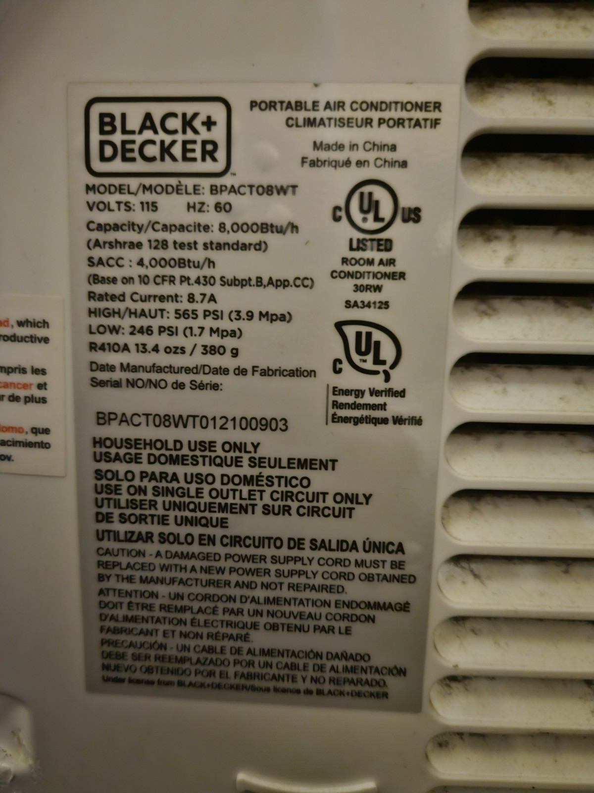 Black & Decker BPACT08 Air Conditioner Vent / Exhaust Hose Adapter Connector