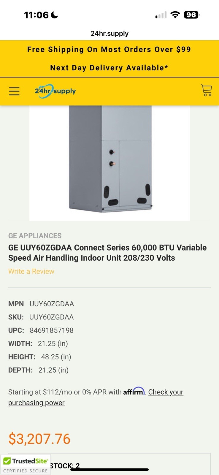 GE Connect Series 60,000 BTU Air Handling Unit