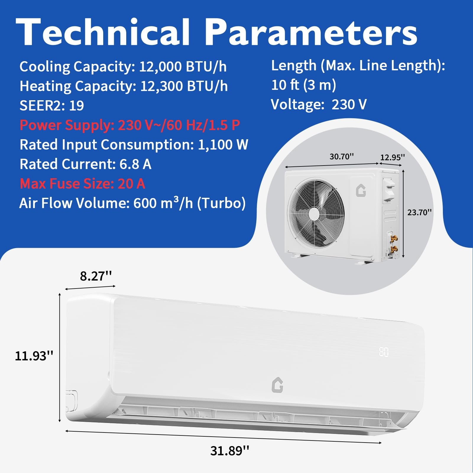 12000 BTU Mini Split Air Conditioner w/Heat Pump System 6 Modes 230V 750 Sq. Ft