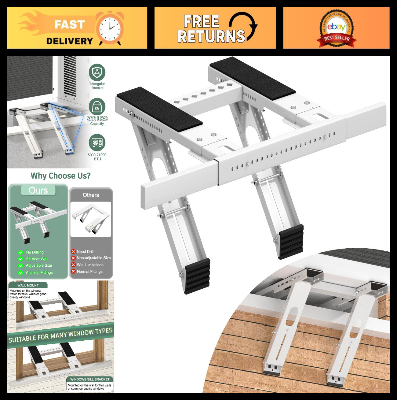 Heavy-Duty No-Drill AC Bracket for Single/Double Hung Windows, Supports 300 lbs,