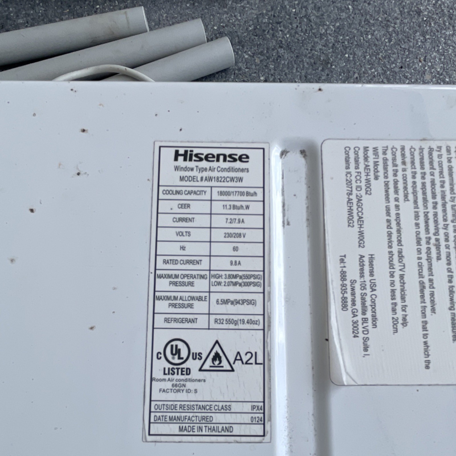 Hisense AW1822CW3W Window Air Conditioner 18000 BTU White R32 230V EER 11.3