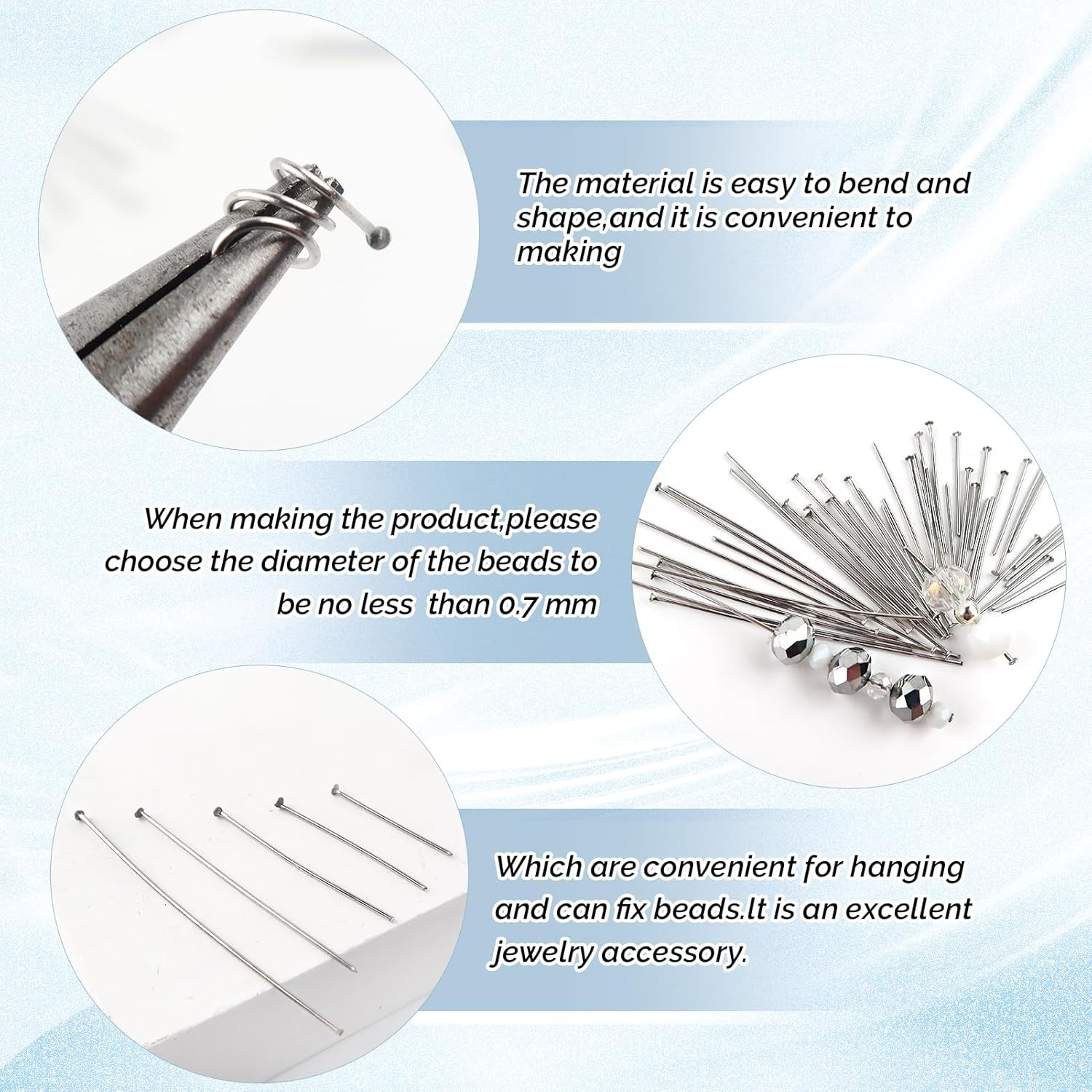 500Pcs Stainless Steel Head Pins Set for Jewelry Making 20Mm to 50Mm Silver Flat