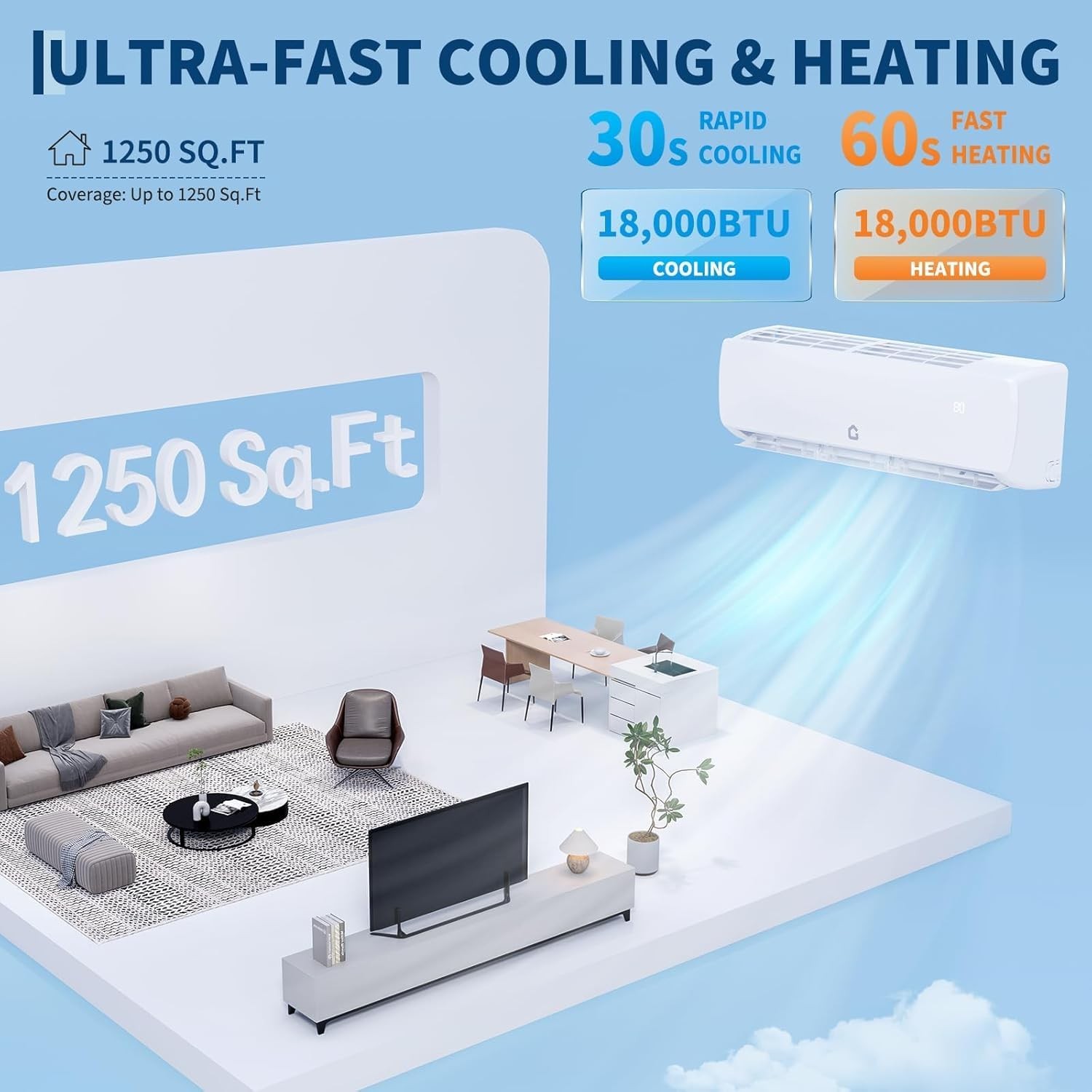 18000 BTU 19 SEER2 Ductless Mini Split Wall-Mounted Air Conditioner & Heater