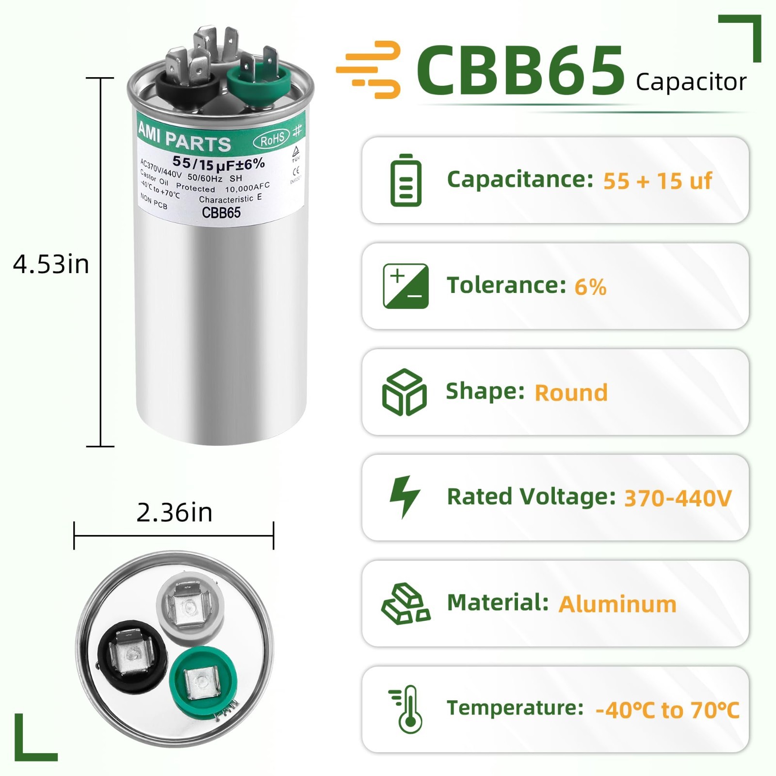 Dual Run Capacitor 55/15 uF ±6% 370/440 VAC for Heat Pump, AC, Condenser Fan