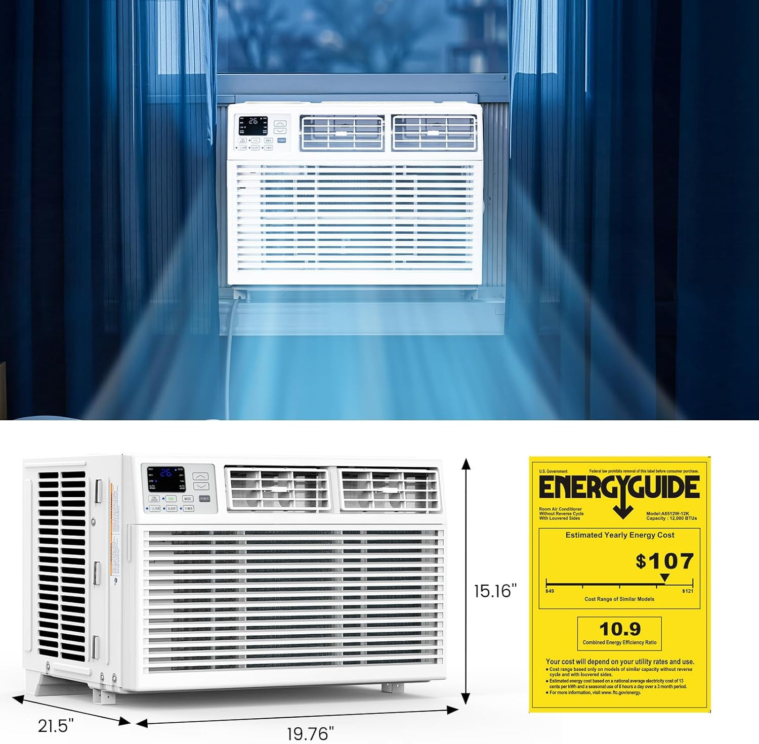 12000 BTU Window Air Conditioner for Large Room up to 550 Sq.Ft, 3-In-1 Cooling