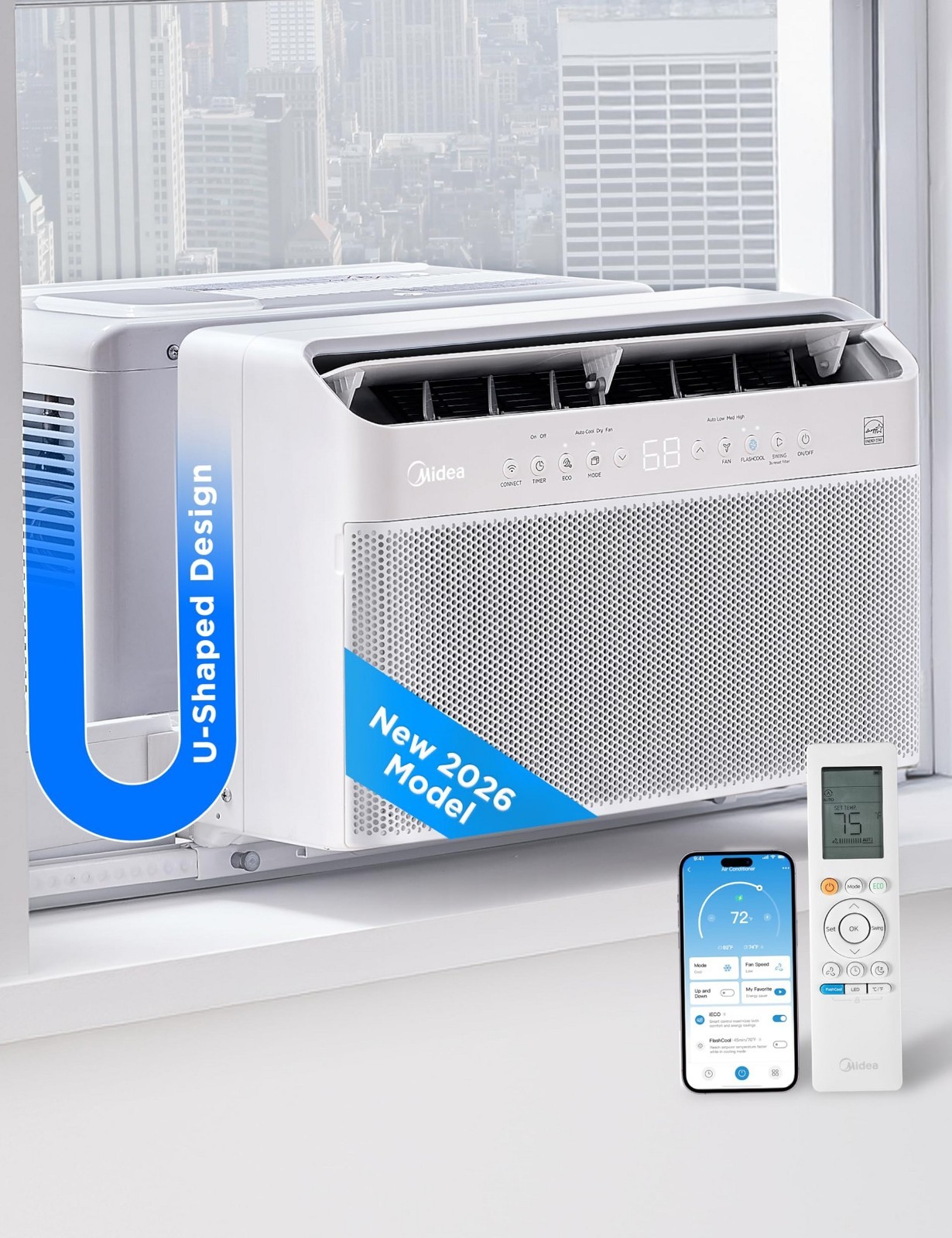 Midea 8,000 BTU U Shaped Smart Inverter Window Air Conditioner -Cools 350 Sq Ft.