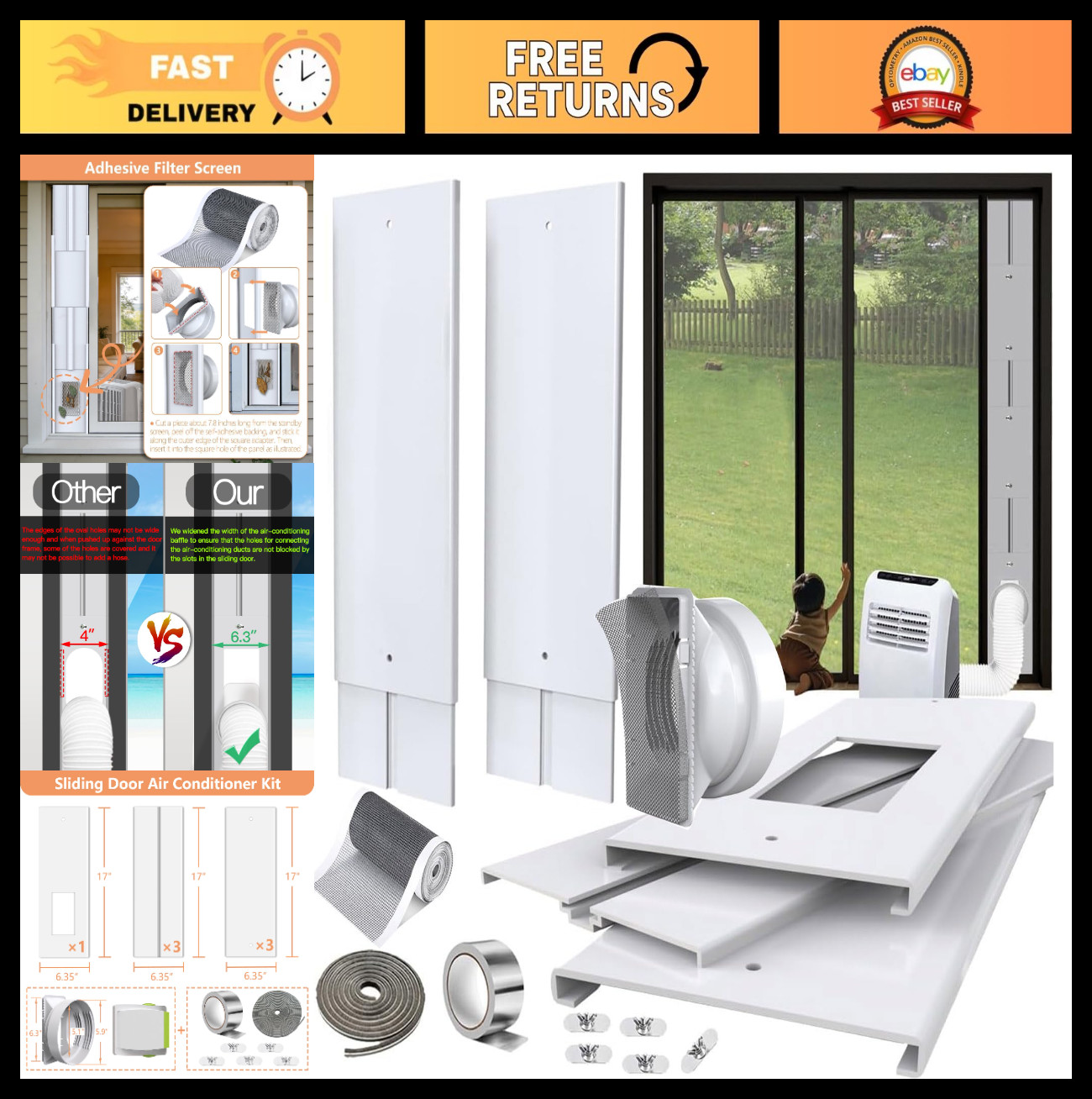 Sliding Door AC Vent Kit 105″ with Screen Net & Weather Stripping – Energy Effic