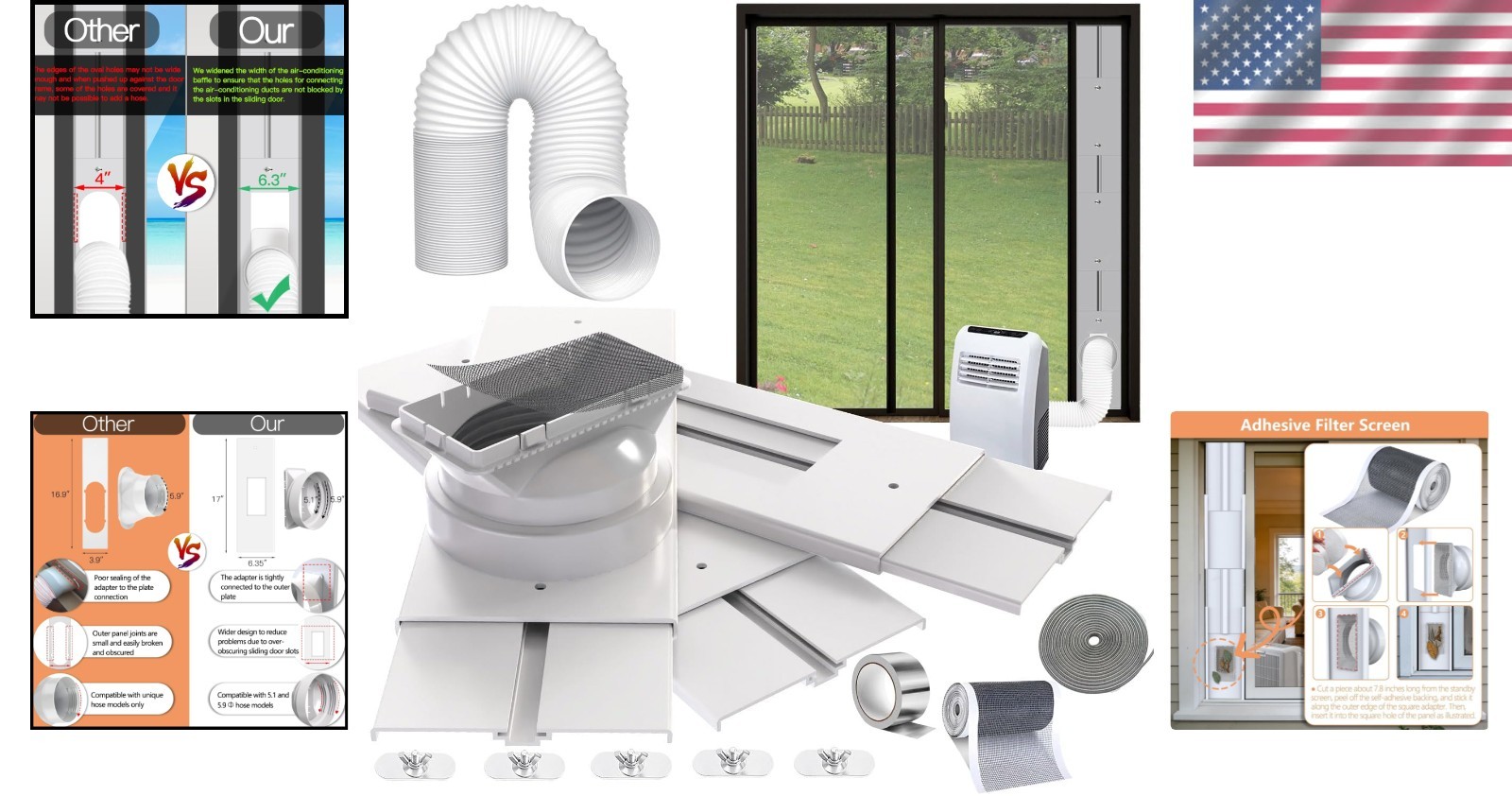 Energy Saving Sliding Door AC Vent Kit – 95″ with Screen Net