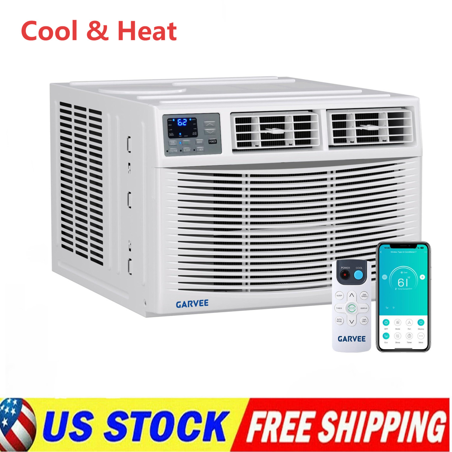 8K 12K 18K 23K BTU Window Air Conditioner w/ Heat WIFI AC Unit & Heater W/Remote
