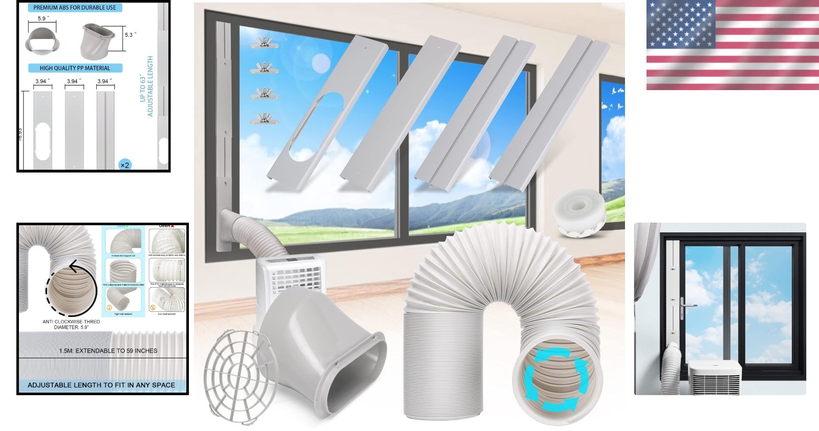 Portable AC Window Vent Kit with 5.9″ Exhaust Hose Adjustable Universal Air C…