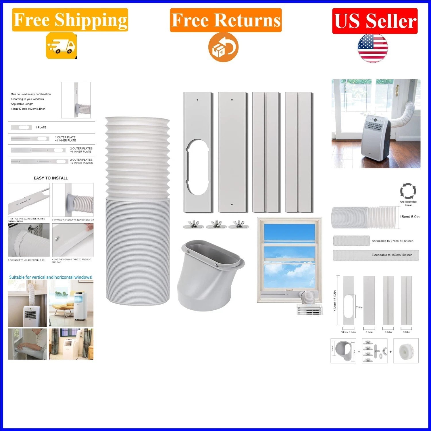 Portable AC Vent Kit 59″ Hose, Light Gray & White, Universal Fit