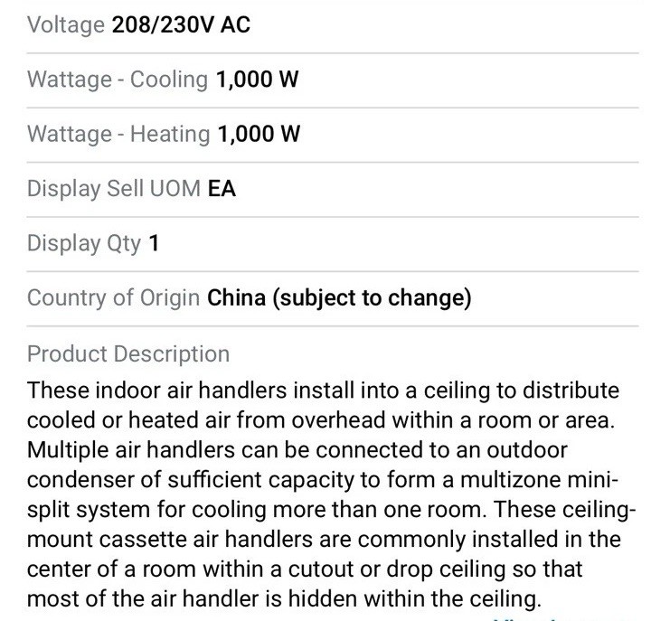 Friedrich FPHFC12A3D Mini-Split Air Handler 14500 BtuH, 550 sq ft, GRILL MISSING