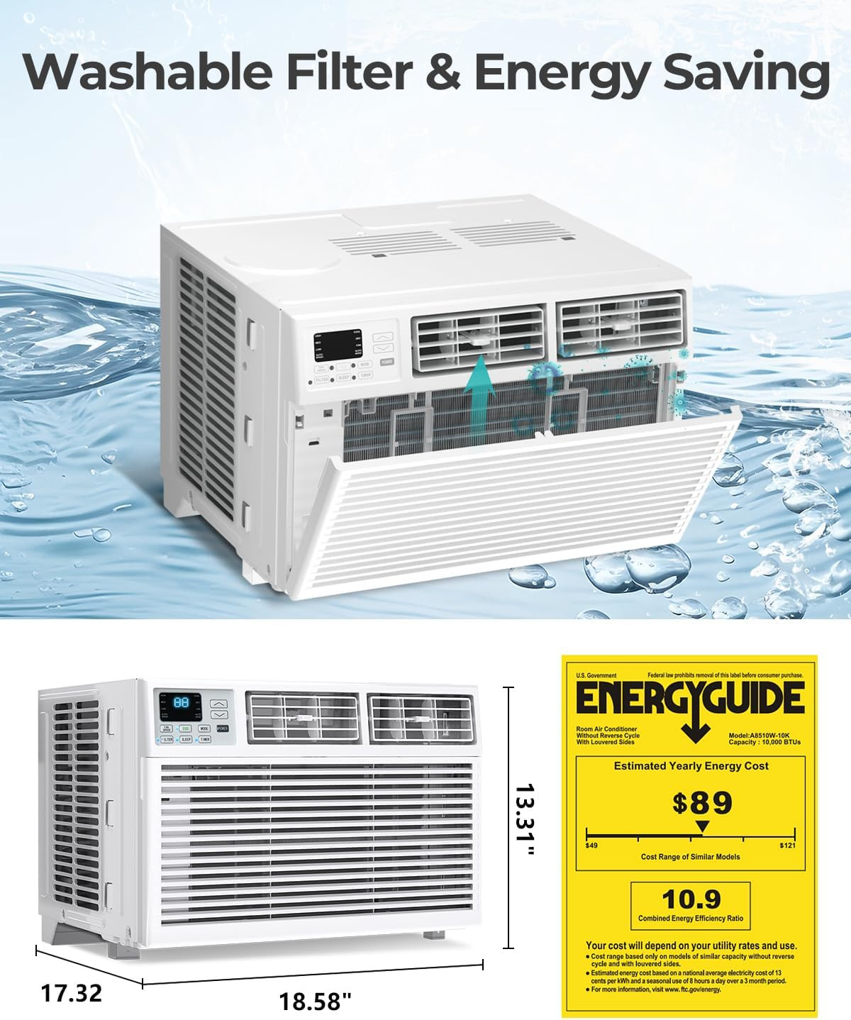 Window AC Unit, 10000 BTU Window Air Conditioner, Cool Rooms up to 450 Sq.Ft., –