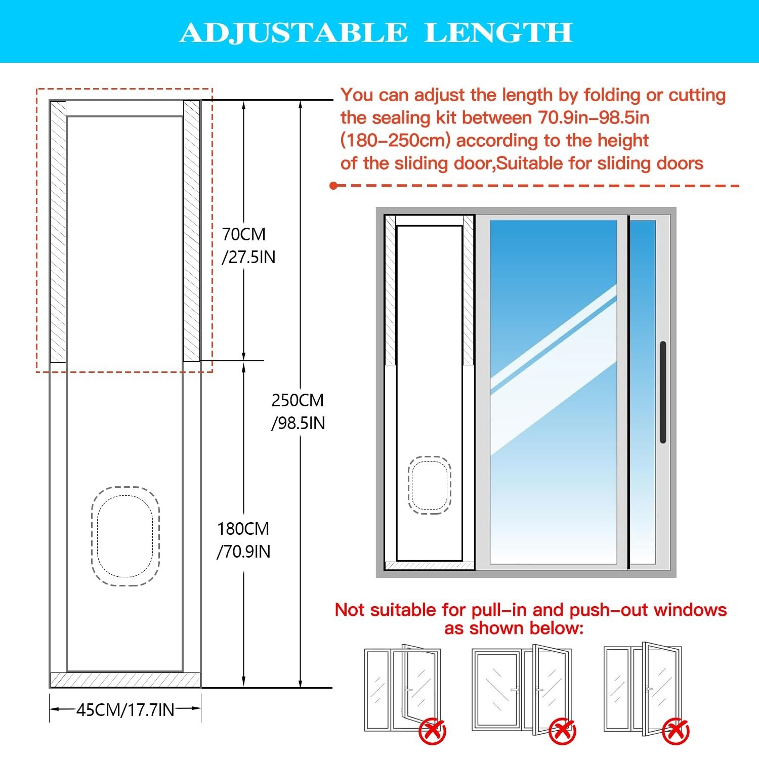 98″ Portable Air Conditioner Sliding Door Seal Kit – Dual Hose Vent Kit for 1400