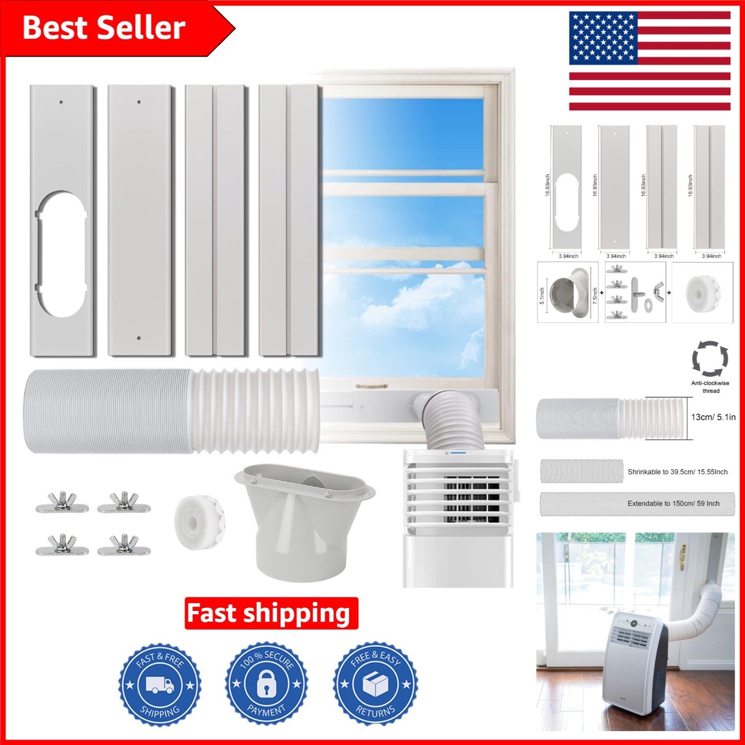 5.1” Diameter Portable A/C Window Seal & Exhaust Hose for Home & Office Cooling
