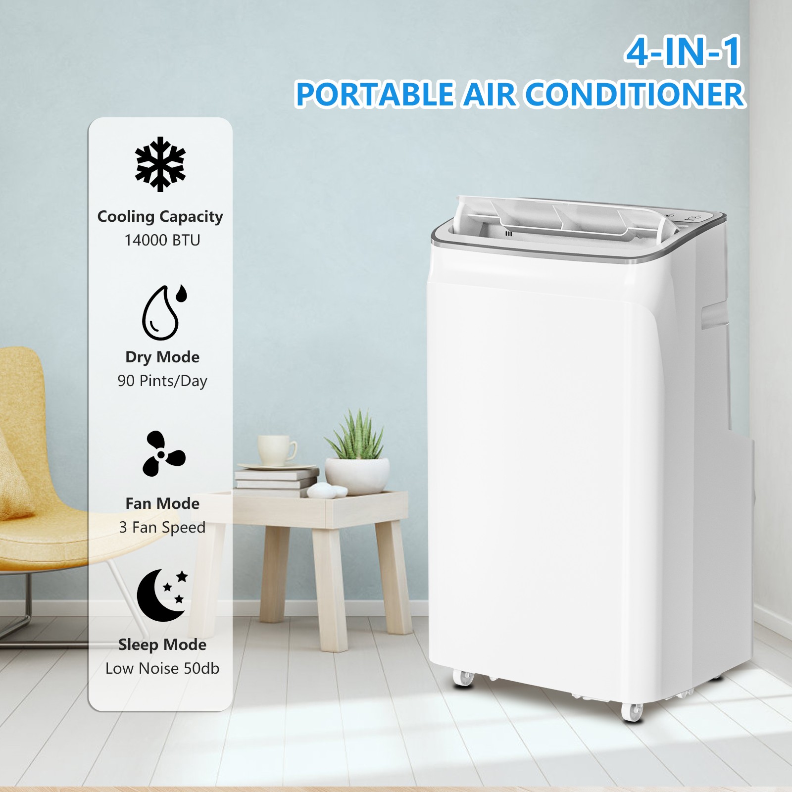 14,000 BTU Portable Air Conditioner 3-In-1 AC Unit w/ Dehumidifier & Fan, Remote