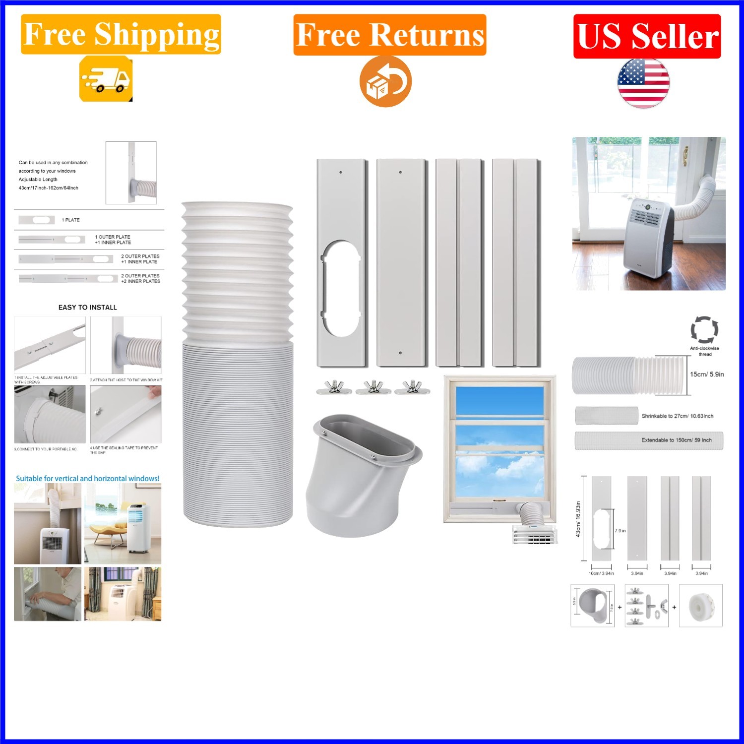 Portable AC Vent Kit 59″ Hose, Light Gray & White, Universal Fit