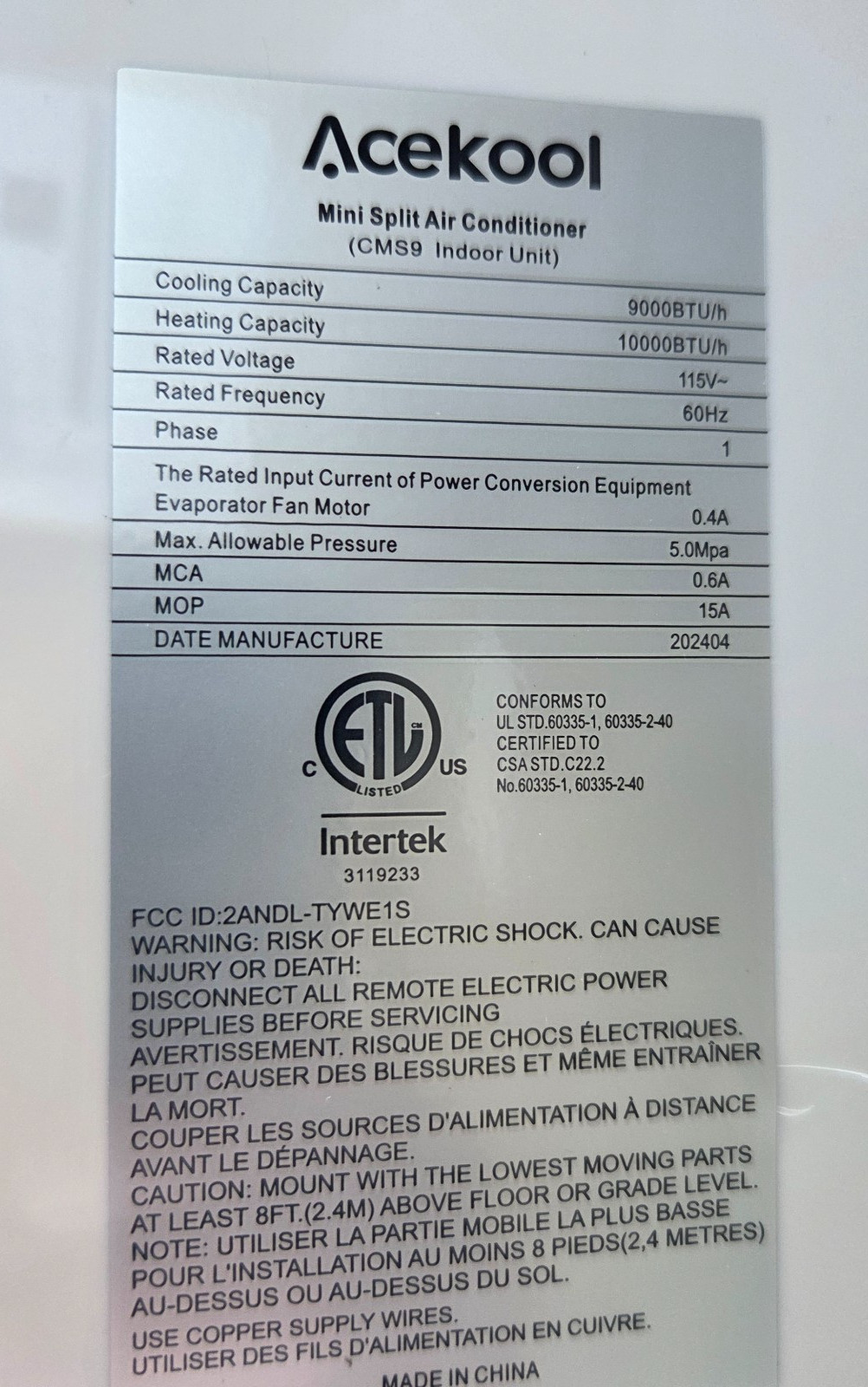 Acekool CMS9 Indoor Unit 9000 BTU Mini Split WiFi Smart AC Air Conditioner 115V