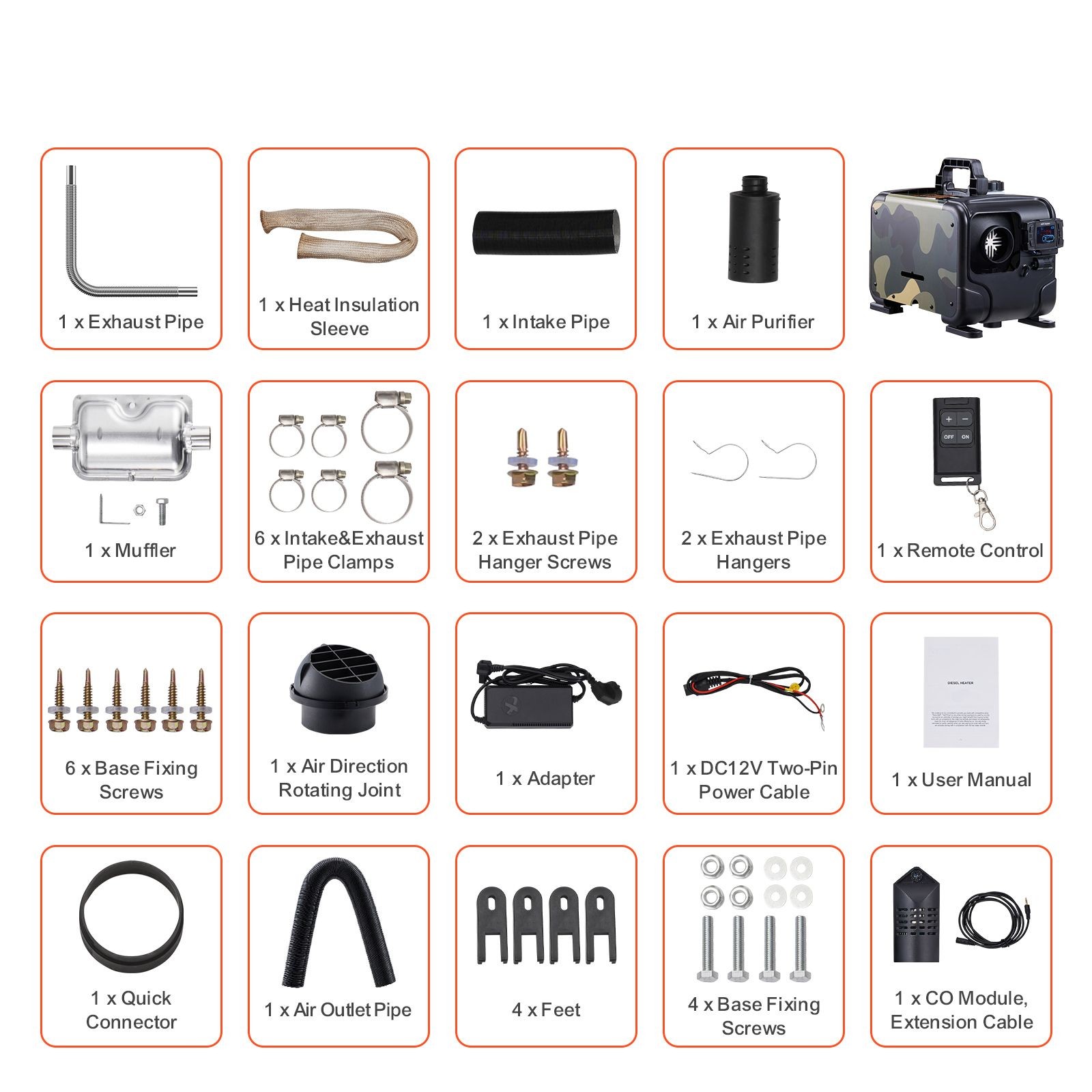 8KW Diesel Heater, 12V/ 24V, Bluetooth, Remote, CO Alarm, Portable for Vehicles