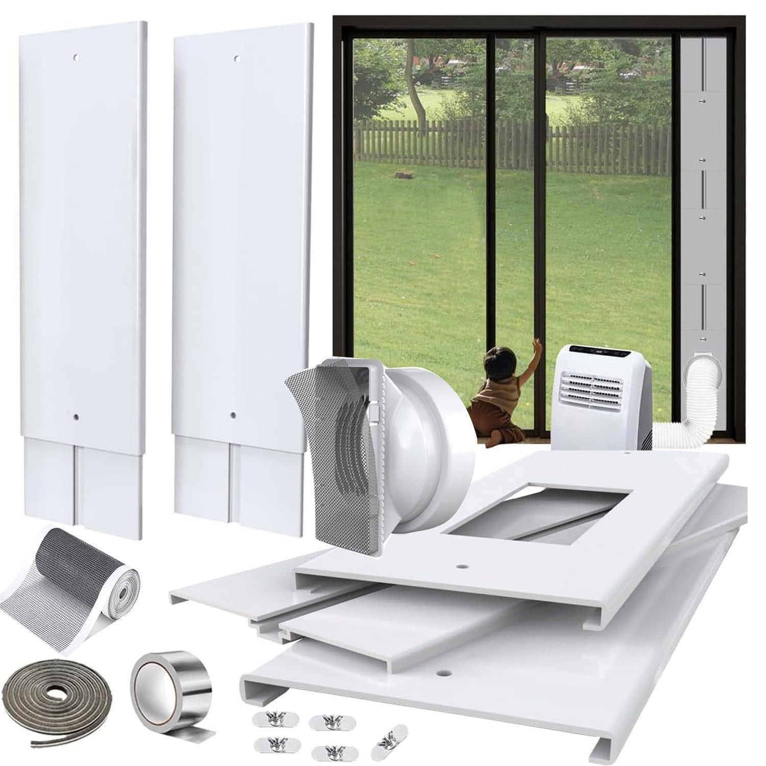Sliding Door AC Vent Kit 105″ with Screen Net & Weather Stripping – Energy Effic