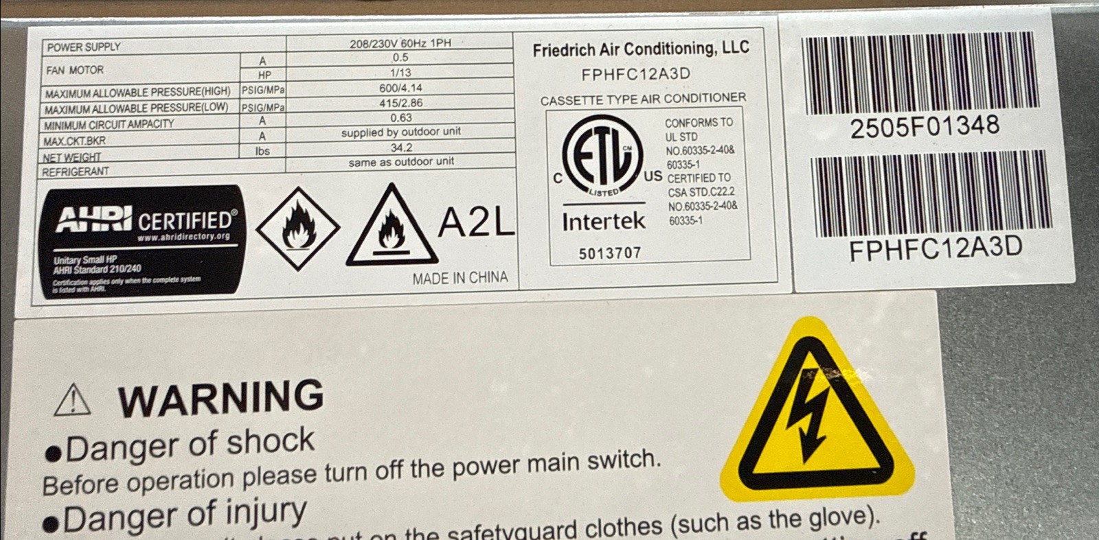 Friedrich FPHFC12A3D Mini-Split Air Handler 14500 BtuH, 550 sq ft, GRILL MISSING