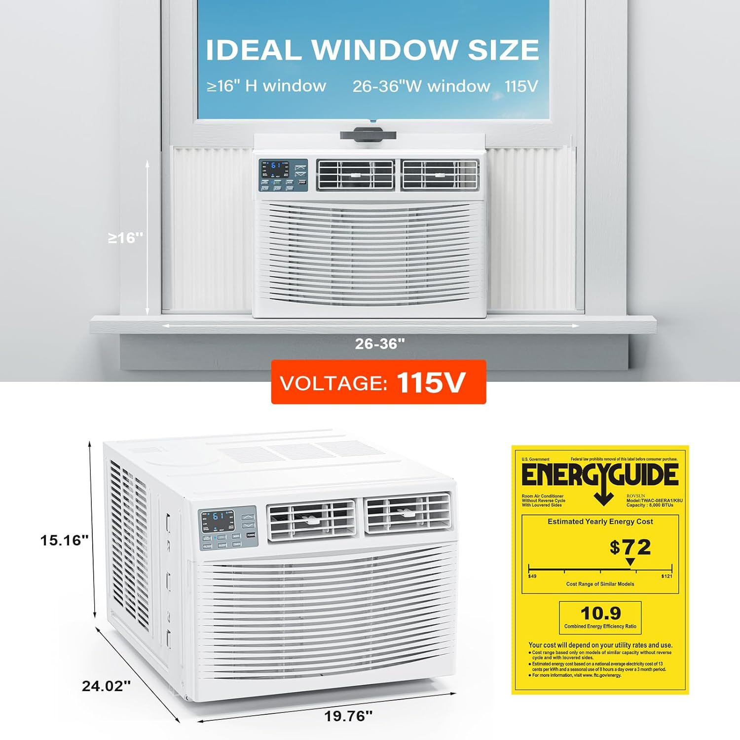 8000 BTU Window Air Conditioner with Heat, Window AC Unit & Heater Combo with AP