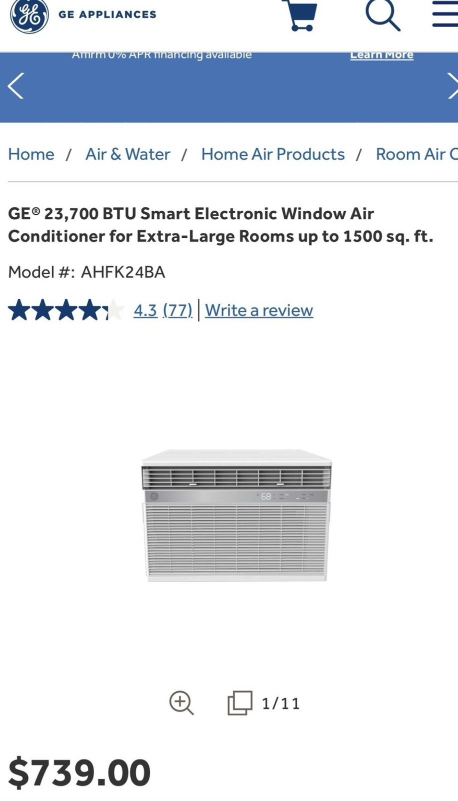 Ge 23,700 BTU Smart Electronic Window Air Conditioner