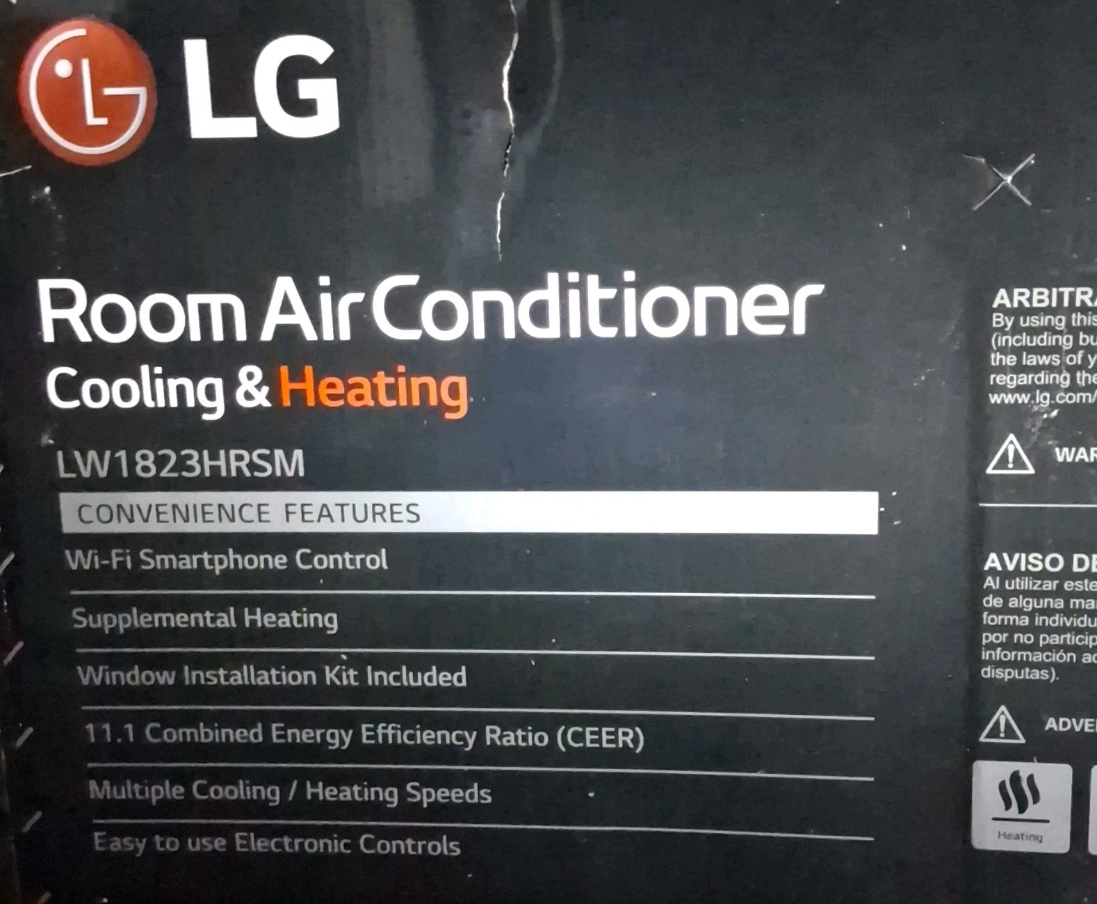 LG LW1823HRSM 18,000 BTU Window AC w/Heat Wi-Fi Remote Alexa/GA 230/208V