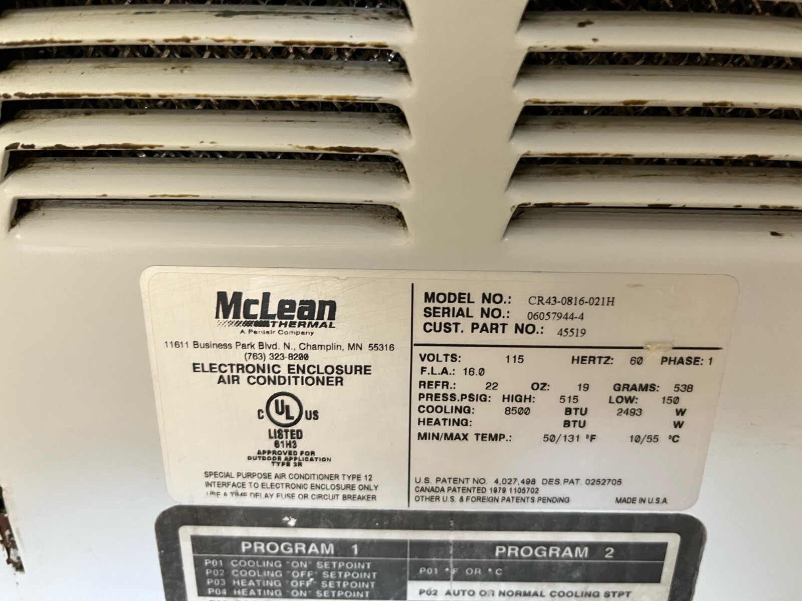 McLean CR43-0816-021H Electronic Enclosure Air Conditioner (DE)